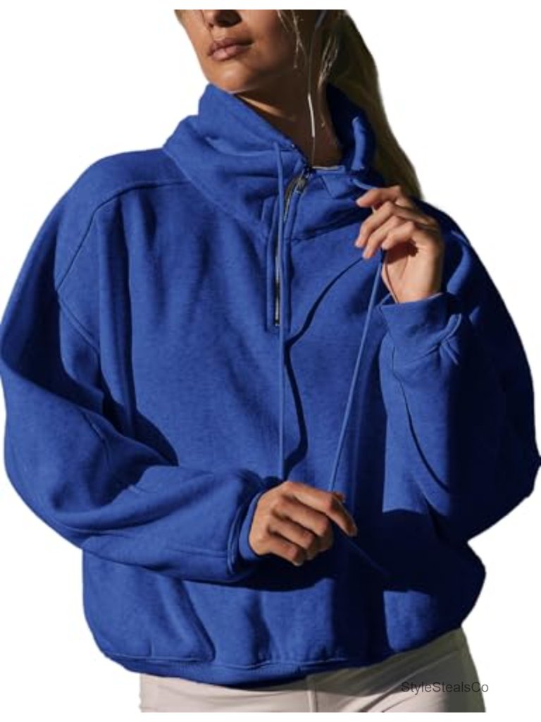 Half Zip Fleece Lined Hoodie Drawstring Pullover Warm Winter Top
